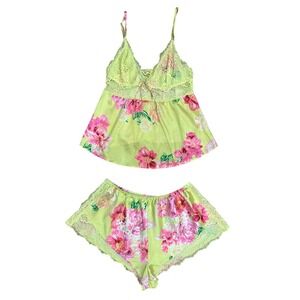 Victoria's Secret Floral Satin Lace Cami Shorts Pajama Set XS Y2K sexy lingerie